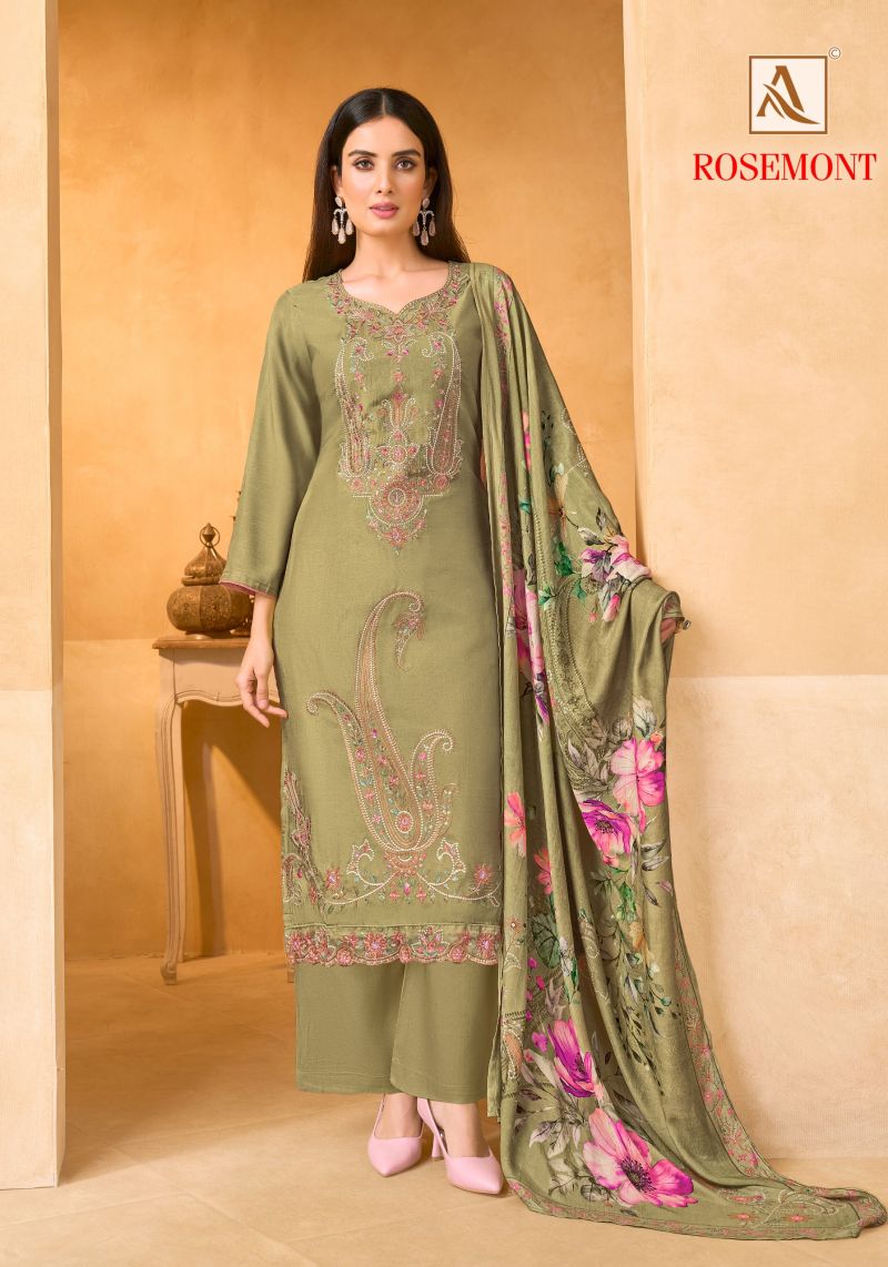 Alok Rosemont Viscose Maslin Embroidered Dress Material Catalog — Wholesale Dress Material, Vardan Ethnic wholesale from Surat — view 10