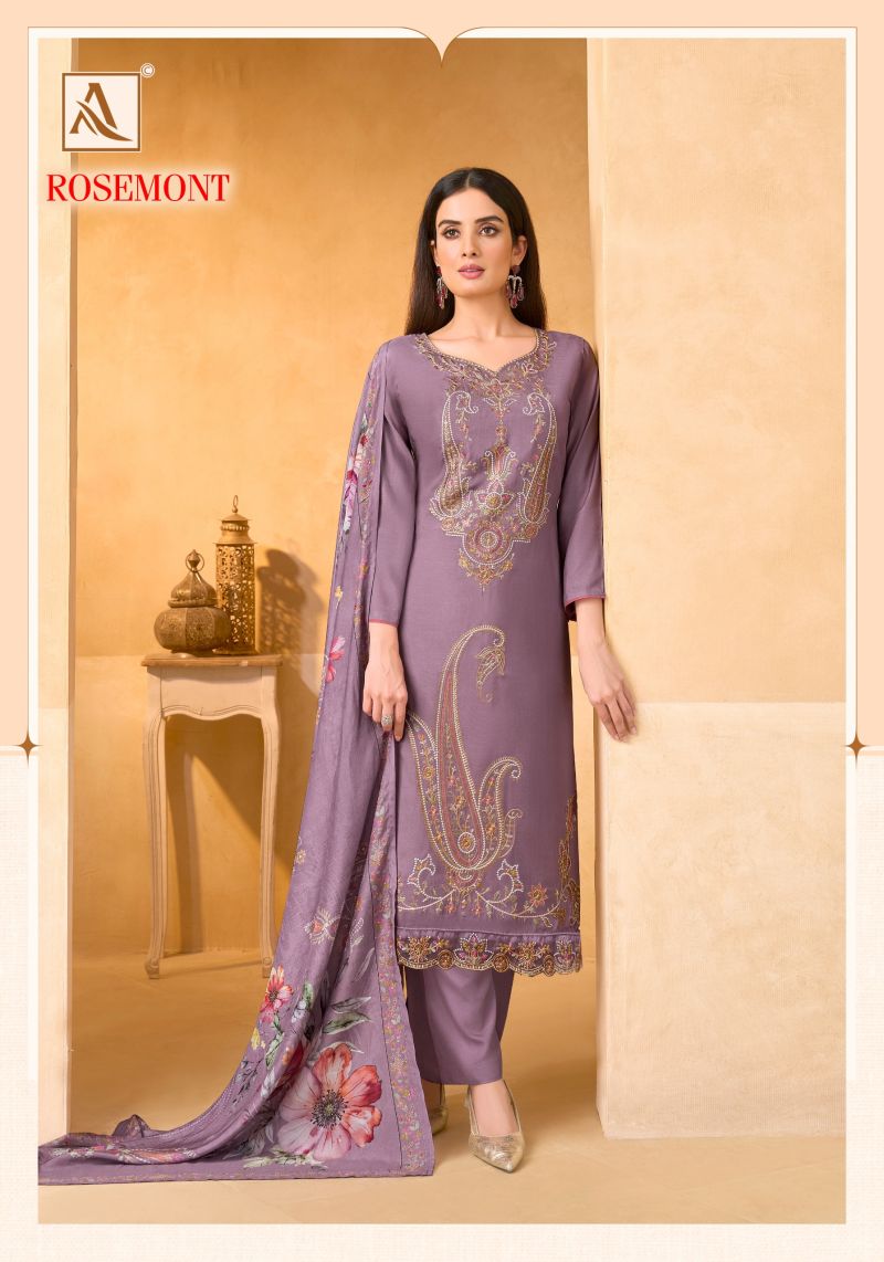 Alok Rosemont Viscose Maslin Embroidered Dress Material Catalog — Wholesale Dress Material, Vardan Ethnic wholesale from Surat — view 11