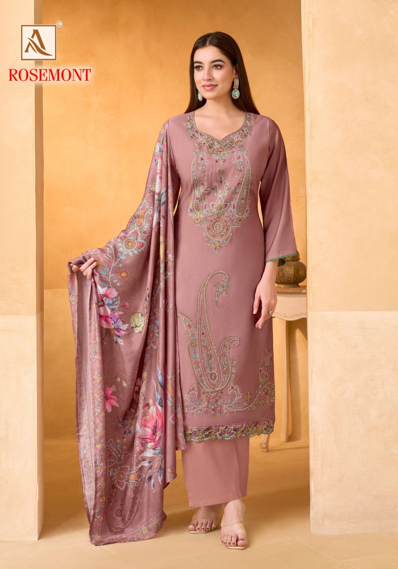 Alok Rosemont Viscose Maslin Embroidered Dress Material Catalog