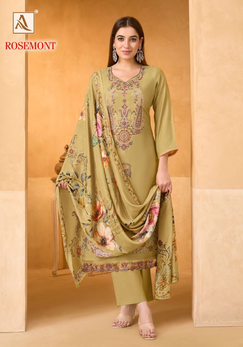 Alok Rosemont Viscose Maslin Embroidered Dress Material Catalog — Wholesale Dress Material, Vardan Ethnic wholesale from Surat — view 2