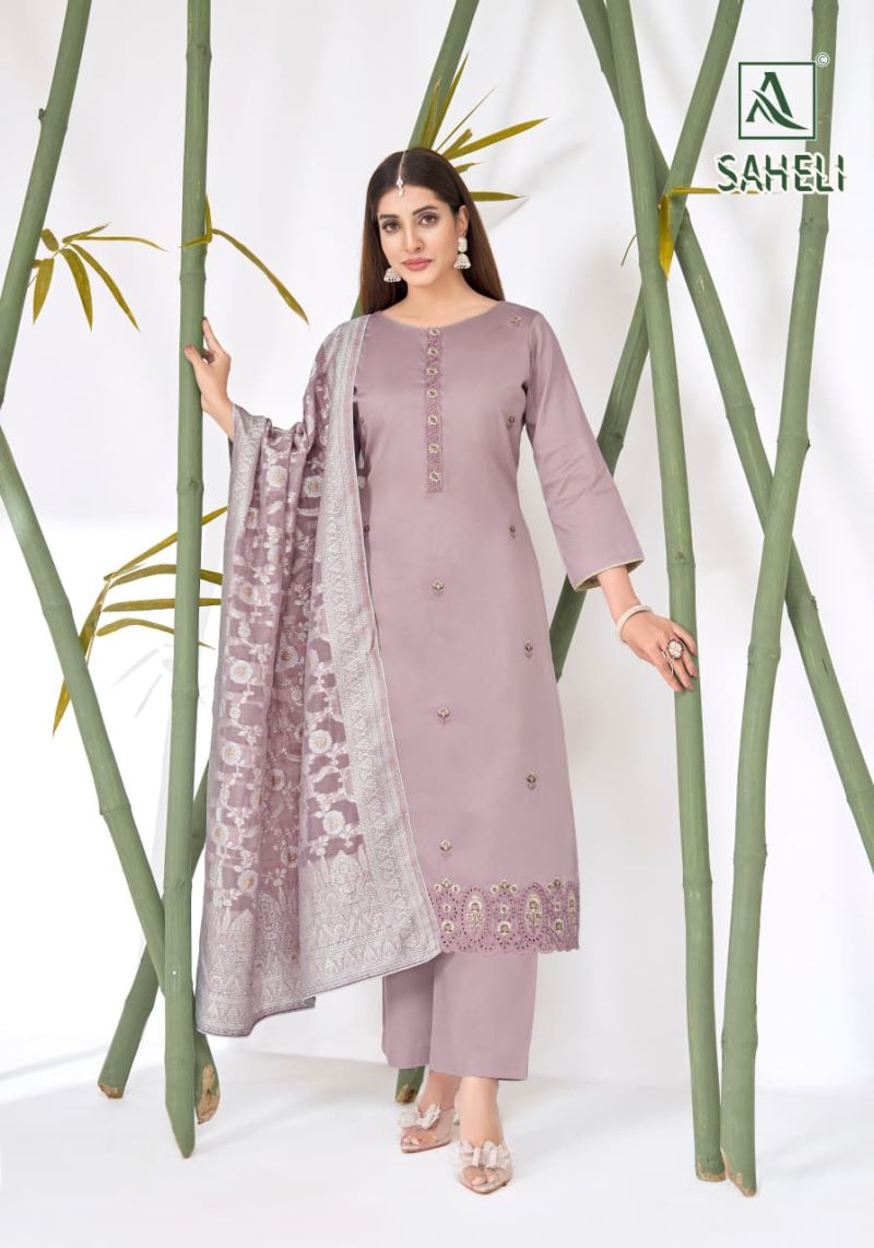 Alok Saheli Zam Cotton Embroidered Swarovski Diamond Work Dress Material