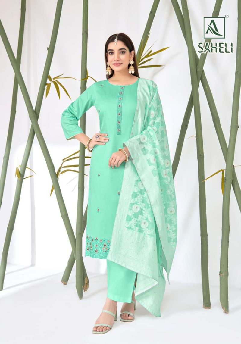 Alok Saheli Zam Cotton Embroidered Swarovski Diamond Work Dress Material — Wholesale Dress Material, Vardan Ethnic wholesale from Surat — view 3