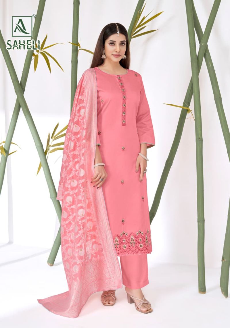 Alok Saheli Zam Cotton Embroidered Swarovski Diamond Work Dress Material — Wholesale Dress Material, Vardan Ethnic wholesale from Surat — view 4