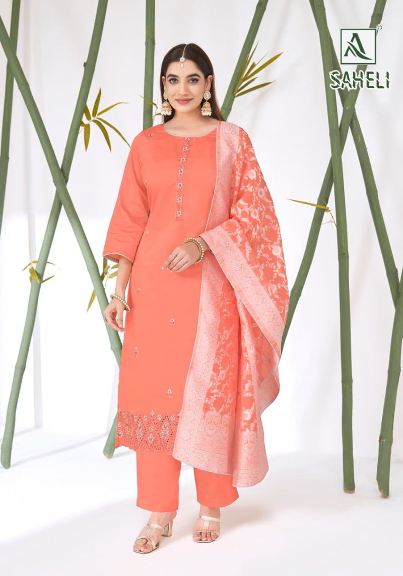 Alok Saheli Zam Cotton Embroidered Swarovski Diamond Work Dress Material — Wholesale Dress Material, Vardan Ethnic wholesale from Surat — view 5