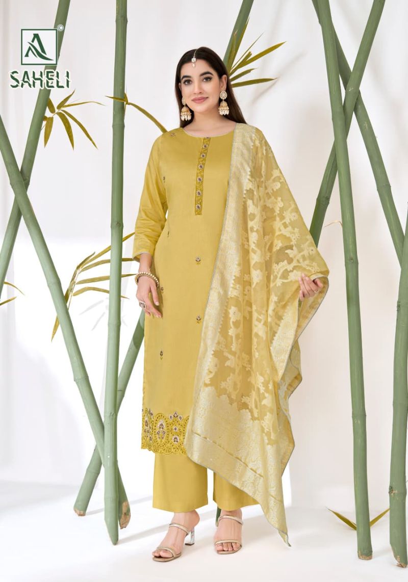 Alok Saheli Zam Cotton Embroidered Swarovski Diamond Work Dress Material — Wholesale Dress Material, Vardan Ethnic wholesale from Surat — view 6