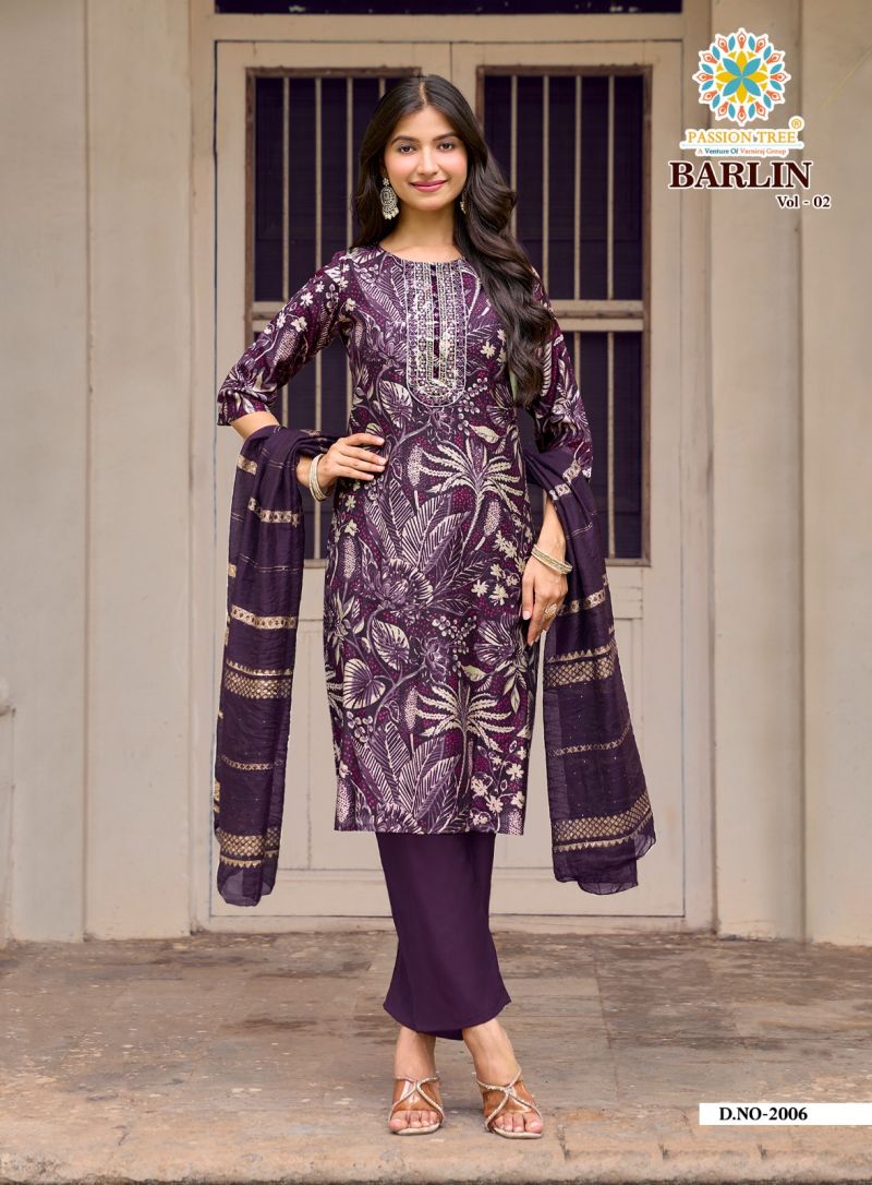 Barlin Vol 2 By Passion Tree Barlin Print Embroidered Kurti With Bottom Dupatta Set