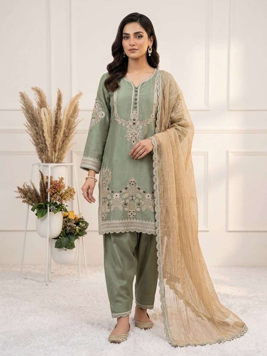 BE-482 Designer Glass Satin Salwar Suit with Cording Sequence Embroidery &amp; Crunchy Dupatta