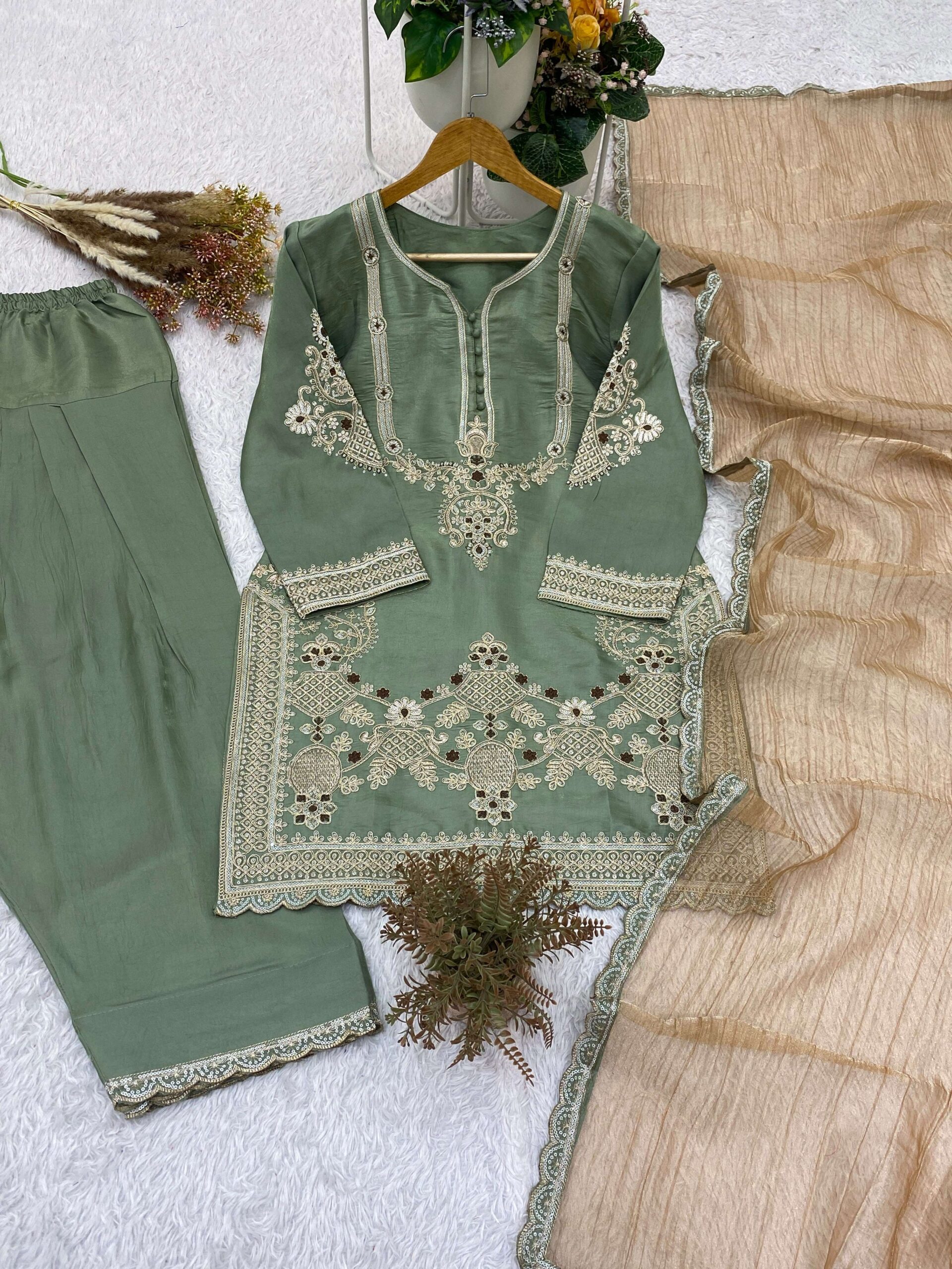 BE-482 Designer Glass Satin Salwar Suit with Cording Sequence Embroidery &amp; Crunchy Dupatta — Wholesale Cotton Kurti Pant Set, Vardan Ethnic wholesale from Surat — view 2