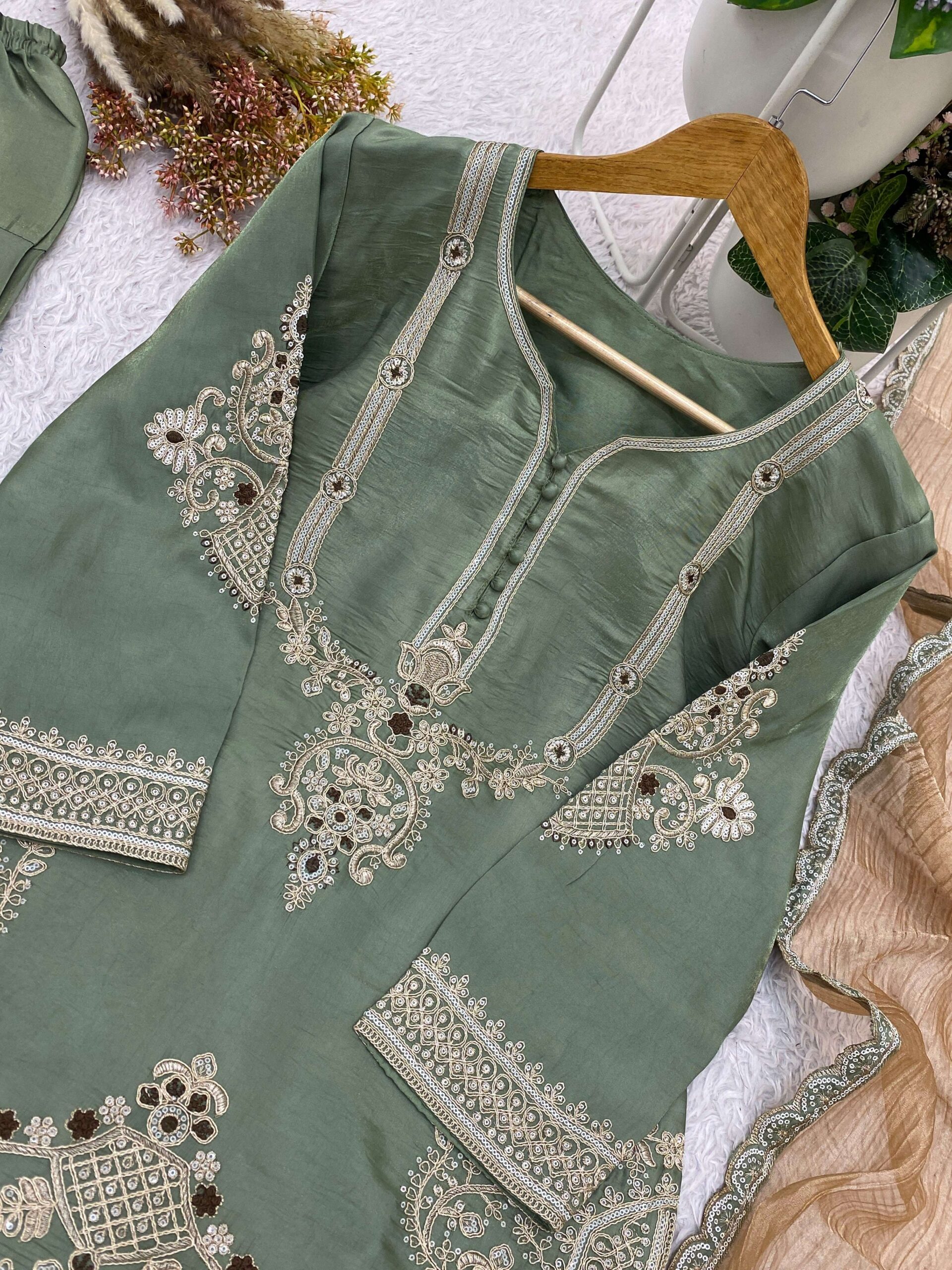 BE-482 Designer Glass Satin Salwar Suit with Cording Sequence Embroidery &amp; Crunchy Dupatta — Wholesale Cotton Kurti Pant Set, Vardan Ethnic wholesale from Surat — view 3