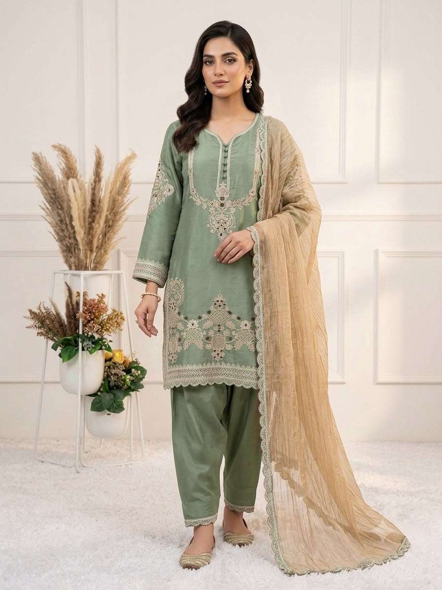 BE-482 Designer Glass Satin Salwar Suit with Cording Sequence Embroidery &amp; Crunchy Dupatta — Wholesale Cotton Kurti Pant Set, Vardan Ethnic wholesale from Surat — view 5