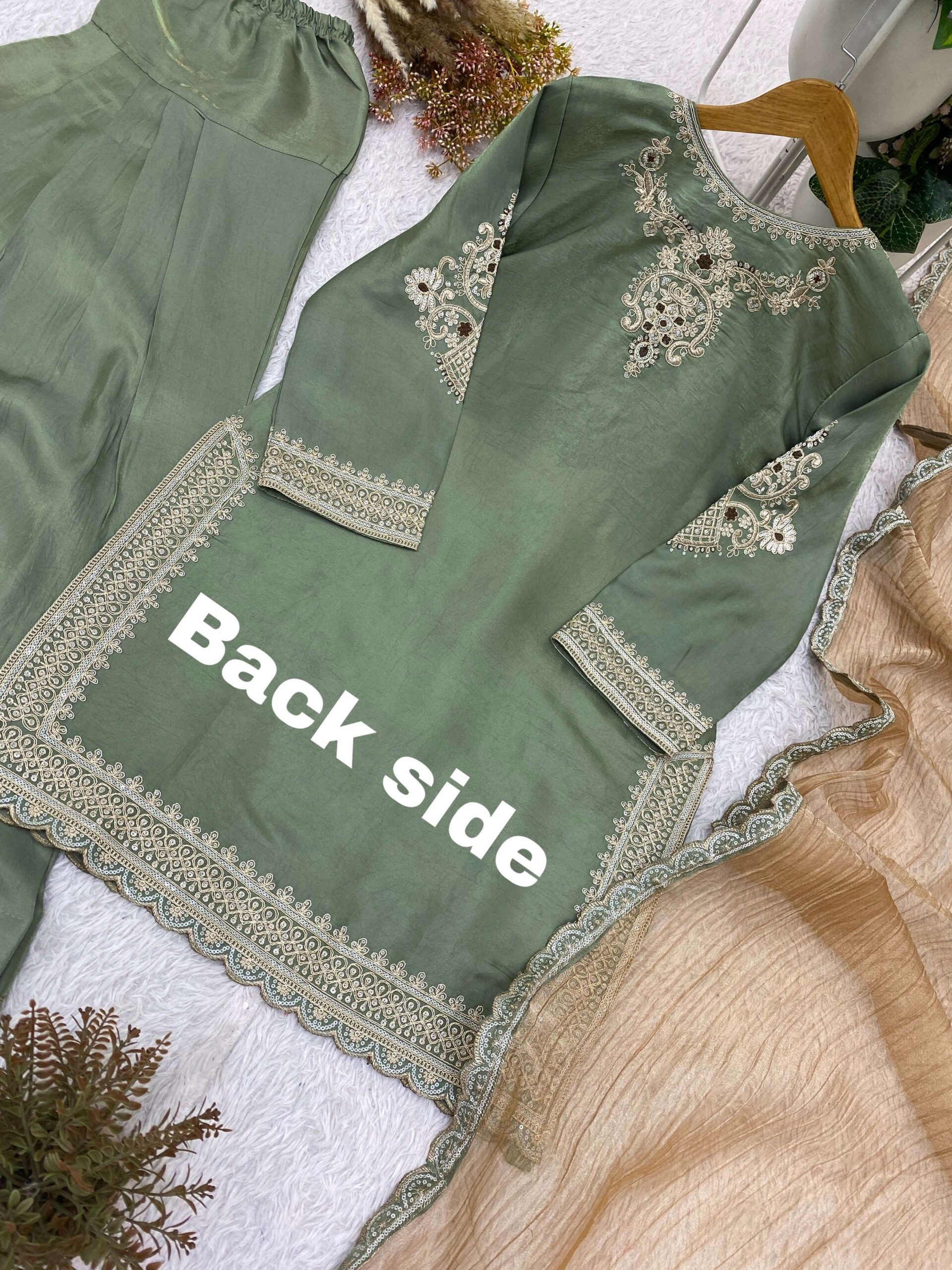 BE-482 Designer Glass Satin Salwar Suit with Cording Sequence Embroidery &amp; Crunchy Dupatta — Wholesale Cotton Kurti Pant Set, Vardan Ethnic wholesale from Surat — view 4