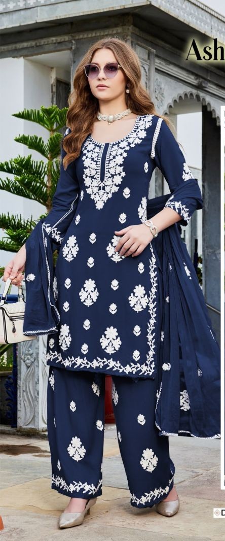 Blue Hills Ashiya Rayon Thread Work Kurti With Bottom Dupatta Set
