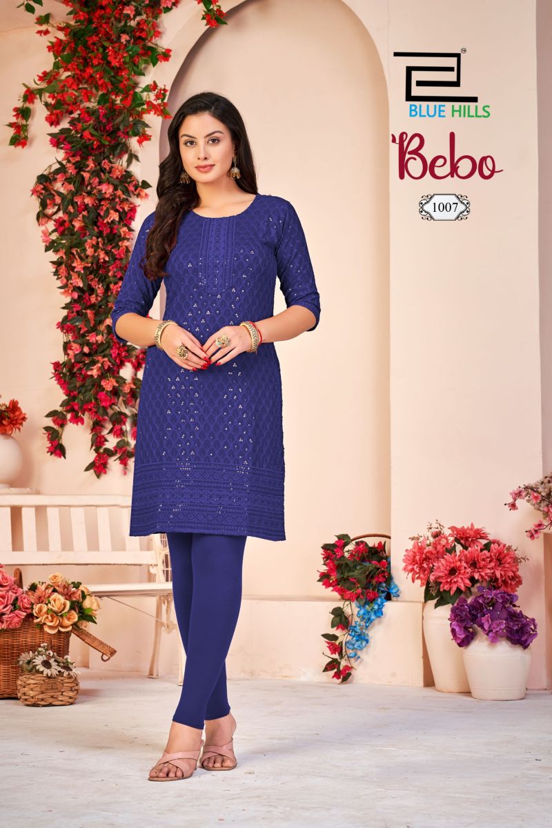 Blue Hills Bebo Rayon Schiffli Embroidered Kurti Catalog