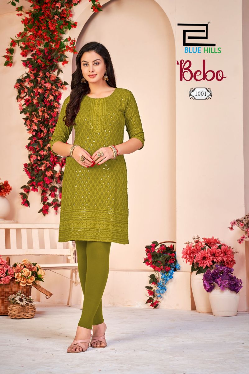 Blue Hills Bebo Rayon Schiffli Embroidered Kurti Catalog — Wholesale Kurtis, Blue Hills wholesale from Surat — view 3