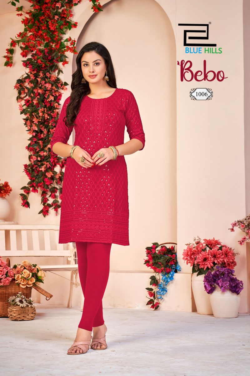 Blue Hills Bebo Rayon Schiffli Embroidered Kurti Catalog — Wholesale Kurtis, Blue Hills wholesale from Surat — view 4