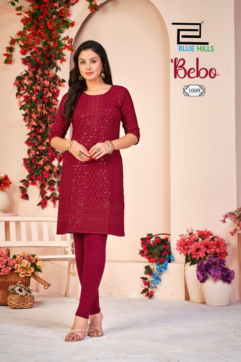 Blue Hills Bebo Rayon Schiffli Embroidered Kurti Catalog — Wholesale Kurtis, Blue Hills wholesale from Surat — view 5
