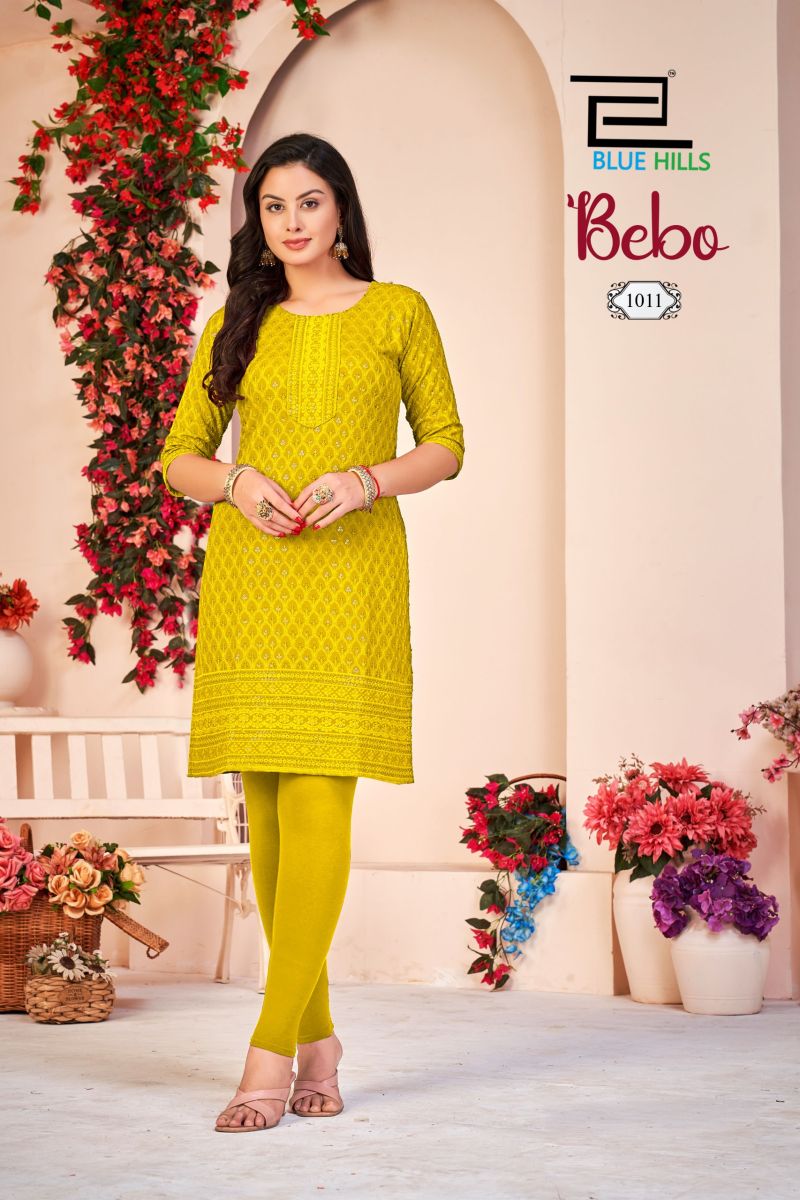Blue Hills Bebo Rayon Schiffli Embroidered Kurti Catalog — Wholesale Kurtis, Blue Hills wholesale from Surat — view 6