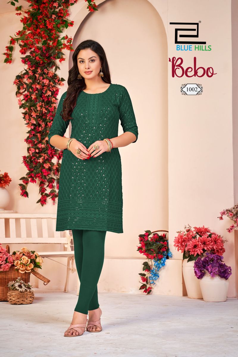 Blue Hills Bebo Rayon Schiffli Embroidered Kurti Catalog — Wholesale Kurtis, Blue Hills wholesale from Surat — view 7