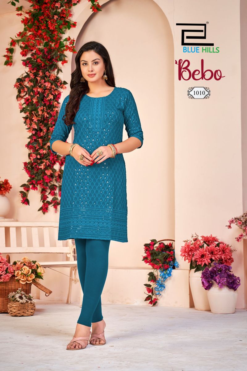 Blue Hills Bebo Rayon Schiffli Embroidered Kurti Catalog — Wholesale Kurtis, Blue Hills wholesale from Surat — view 12