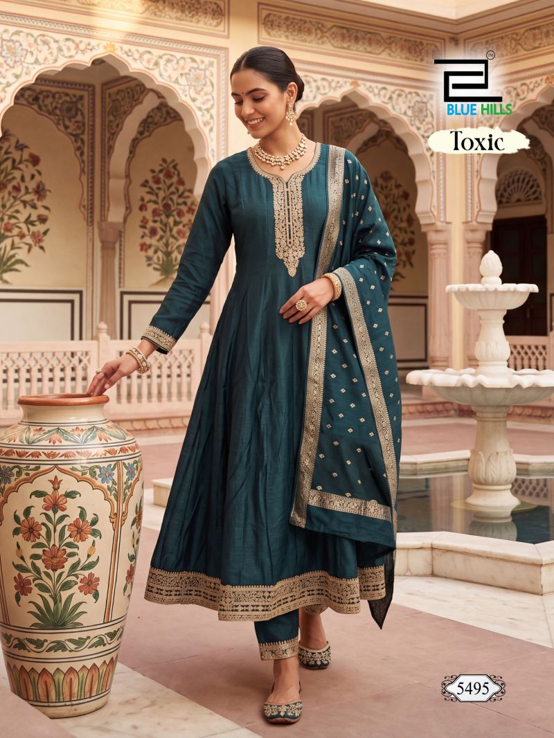 Blue Hills Toxic Vichitra Zari Sequence Embroidery Work Kurti With Bottom Dupatta — Wholesale Kurtis, Blue Hills wholesale from Surat — Photo 4
