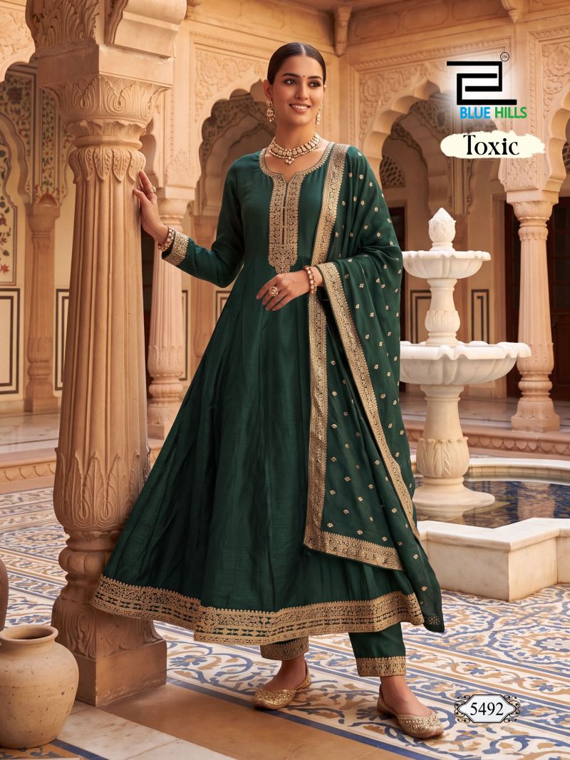 Blue Hills Toxic Vichitra Zari Sequence Embroidery Work Kurti With Bottom Dupatta