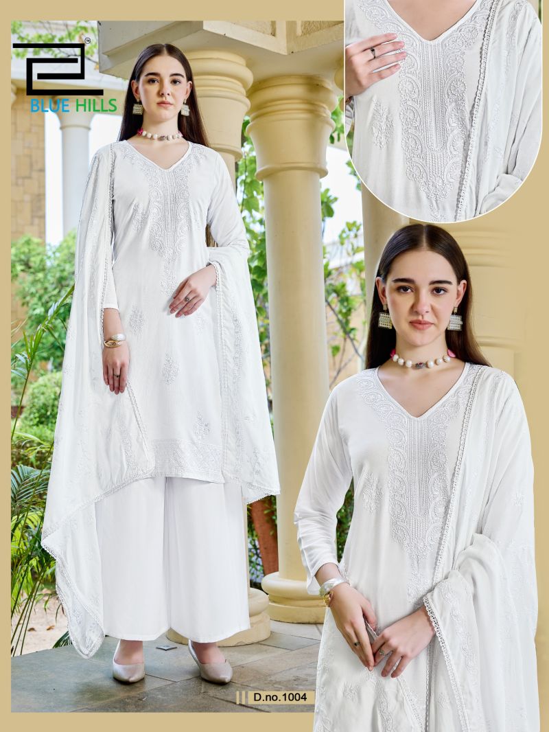 Blue Hills White Lily Rayon Embroidered Kurti With Bottom Dupatta Set — Wholesale Readymade Suit, Blue Hills wholesale from Surat — view 3