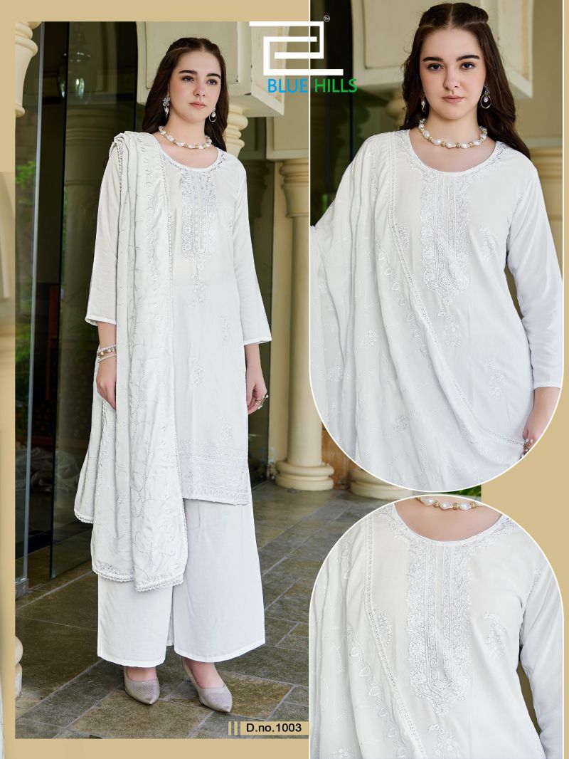Blue Hills White Lily Rayon Embroidered Kurti With Bottom Dupatta Set — Wholesale Readymade Suit, Blue Hills wholesale from Surat — view 4