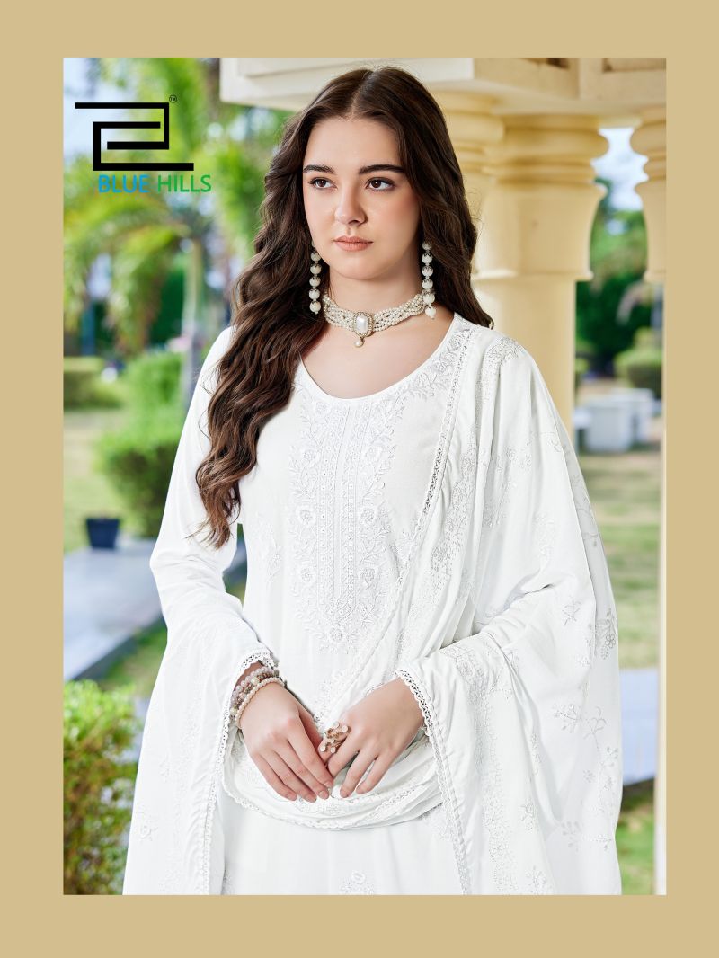 Blue Hills White Lily Rayon Embroidered Kurti With Bottom Dupatta Set