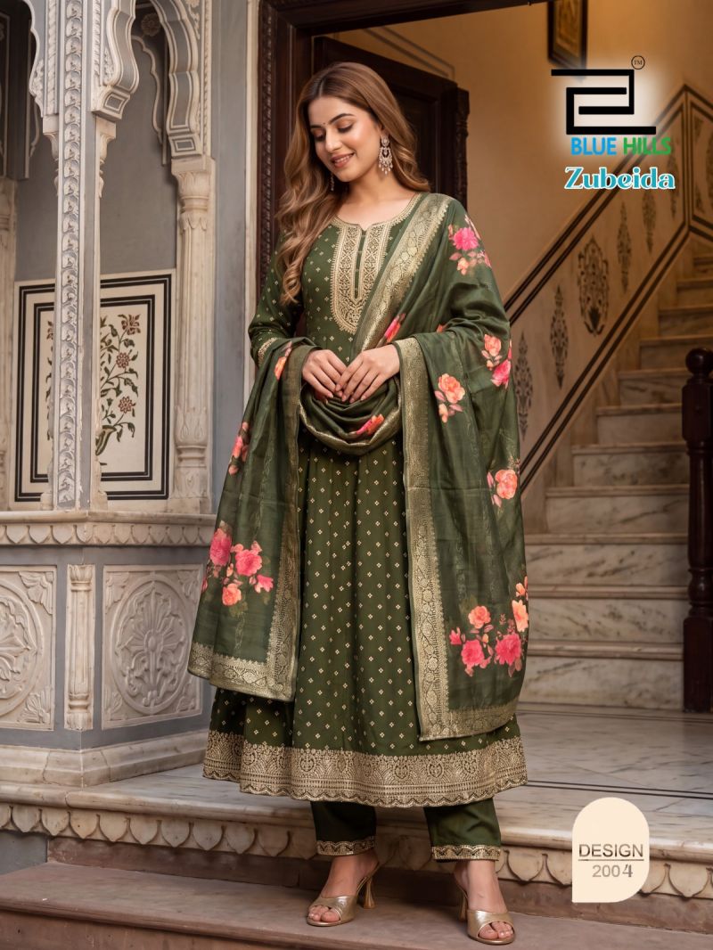 Blue Hills Zubeida Plus Size Mul Chanderi Foil Print Sequence Work Kurti With Bottom Dupatta Set