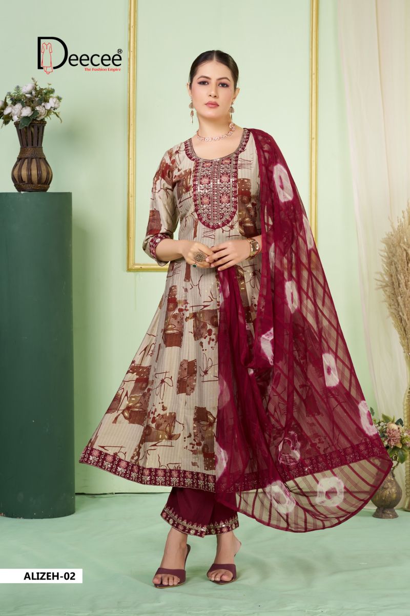 Deecee Alizeh Biba Dobby Print Sequence Embroidered Anarkali Kurti With Bottom Dupatta Set