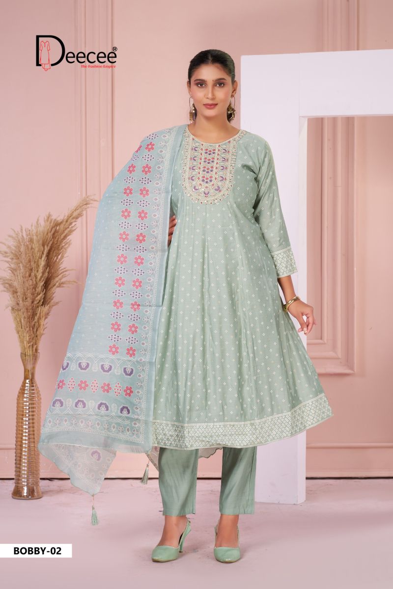 Deecee Bobby 01 To 06 Silk Print Embroidered Anarkali Kurti With Bottom Dupatta Set — Wholesale Kurtis, DEECEE wholesale from Surat — view 2