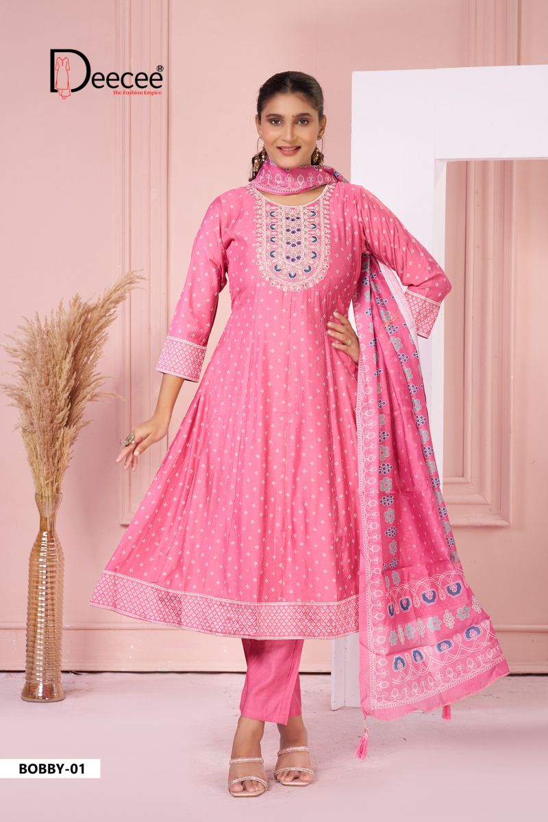 Deecee Bobby 01 To 06 Silk Print Embroidered Anarkali Kurti With Bottom Dupatta Set — Wholesale Kurtis, DEECEE wholesale from Surat — view 3