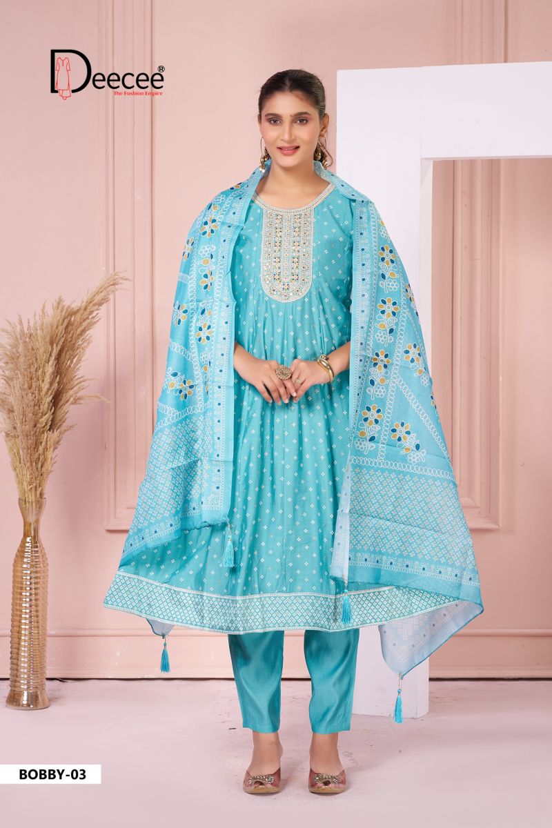 Deecee Bobby 01 To 06 Silk Print Embroidered Anarkali Kurti With Bottom Dupatta Set
