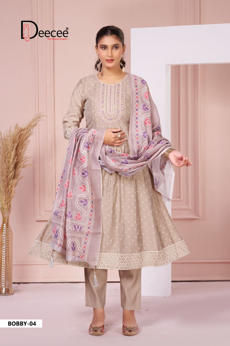 Deecee Bobby 01 To 06 Silk Print Embroidered Anarkali Kurti With Bottom Dupatta Set — Wholesale Kurtis, DEECEE wholesale from Surat — view 4