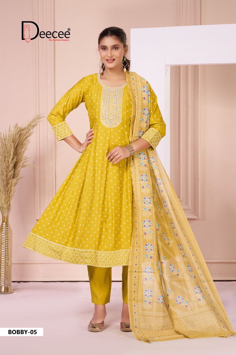 Deecee Bobby 01 To 06 Silk Print Embroidered Anarkali Kurti With Bottom Dupatta Set — Wholesale Kurtis, DEECEE wholesale from Surat — view 5