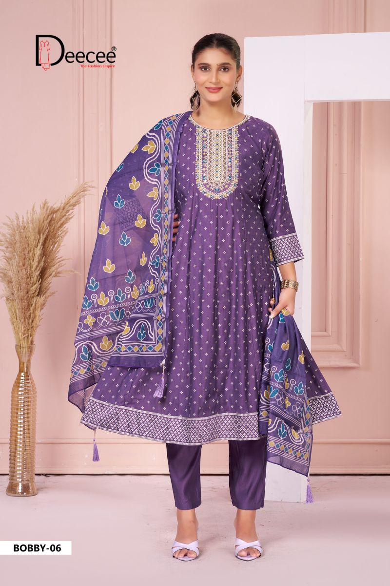 Deecee Bobby 01 To 06 Silk Print Embroidered Anarkali Kurti With Bottom Dupatta Set — Wholesale Kurtis, DEECEE wholesale from Surat — view 6