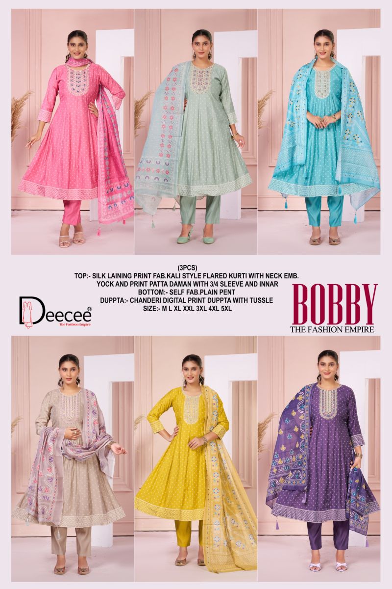 Deecee Bobby 01 To 06 Silk Print Embroidered Anarkali Kurti With Bottom Dupatta Set — Wholesale Kurtis, DEECEE wholesale from Surat — view 10