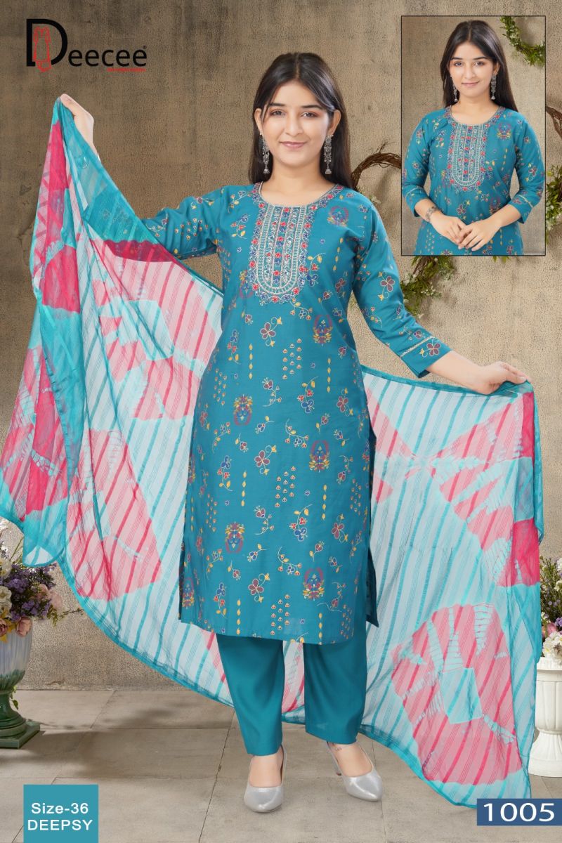 Deecee Deepsy Roman Silk Print Embroidered Kurti With Bottom Dupatta Set — Wholesale Readymade Suit, Vardan Ethnic wholesale from Surat — view 4