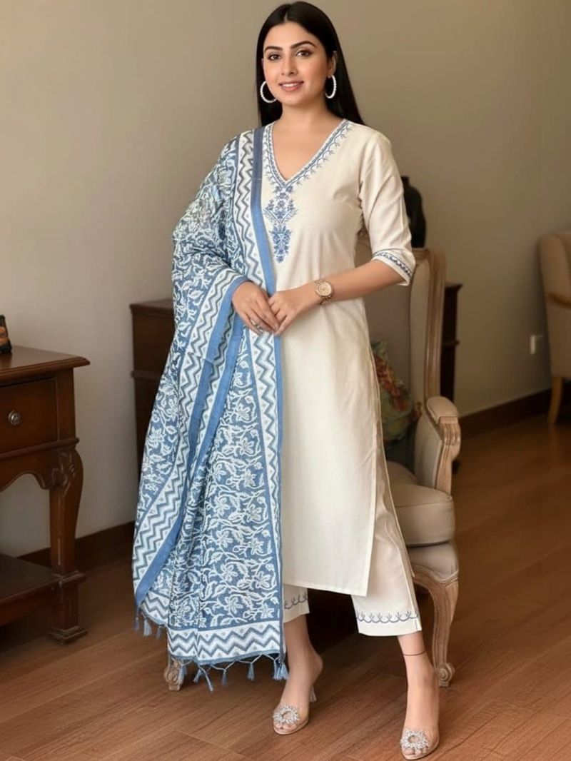 Dhruvi 499 Cotton Flex Embroidery Kurti With Pant Dupatta Set