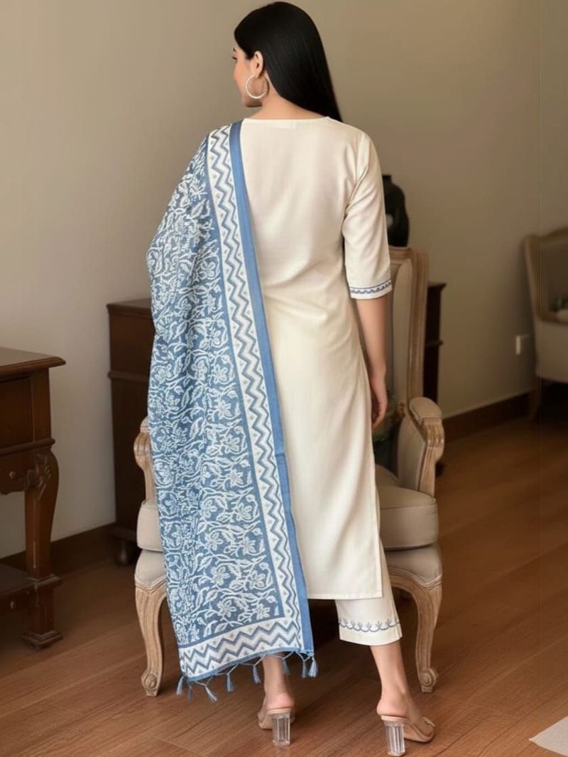 Dhruvi 499 Cotton Flex Embroidery Kurti With Pant Dupatta Set — Wholesale Kurtis, Dhruvi wholesale from Surat - Gallery Image 3