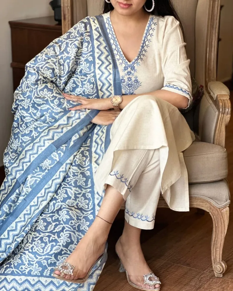 Dhruvi 499 Cotton Flex Embroidery Kurti With Pant Dupatta Set — Wholesale Kurtis, Dhruvi wholesale from Surat - Gallery Image 4