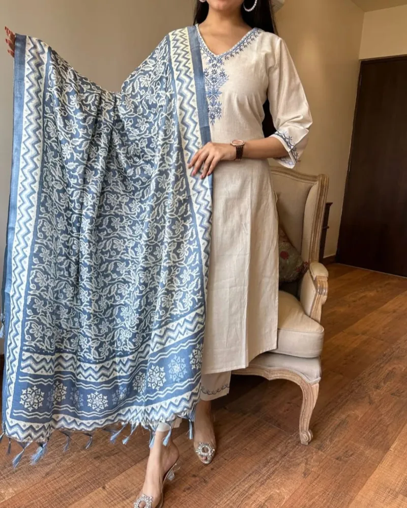 Dhruvi 499 Cotton Flex Embroidery Kurti With Pant Dupatta Set — Wholesale Kurtis, Dhruvi wholesale from Surat — view 5