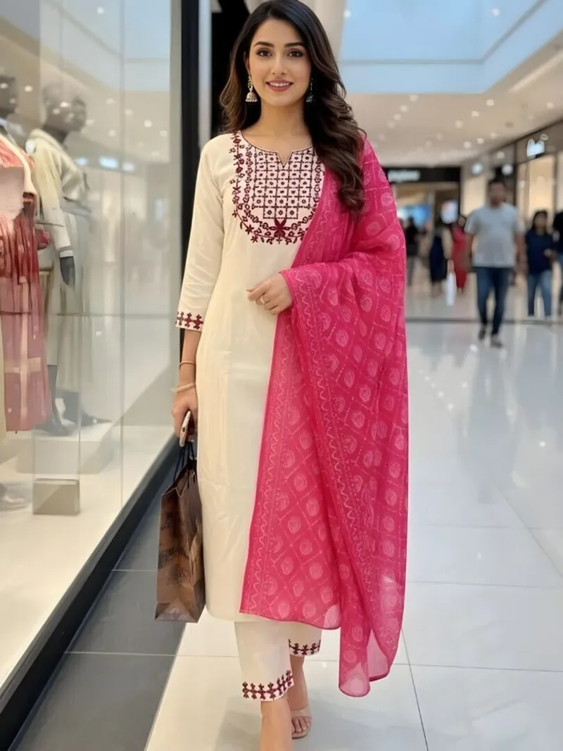 Dhruvi 500 Cotton Flex Embroidery Kurti With Pant Dupatta Set