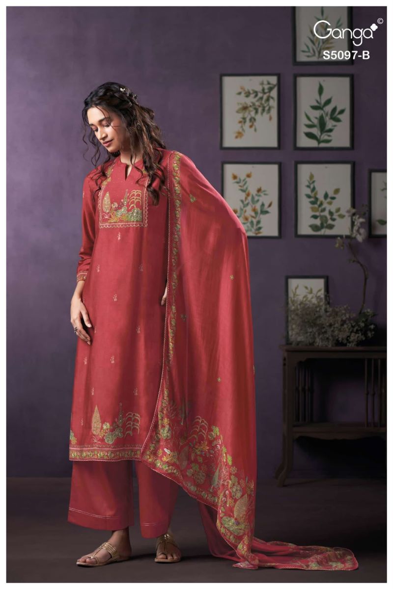 Ganga Aanchal 5097 Bemberg Silk Print Hand Embroidered Salwar Kameez — Wholesale Dress Material, Ganga wholesale from Surat — Photo 2