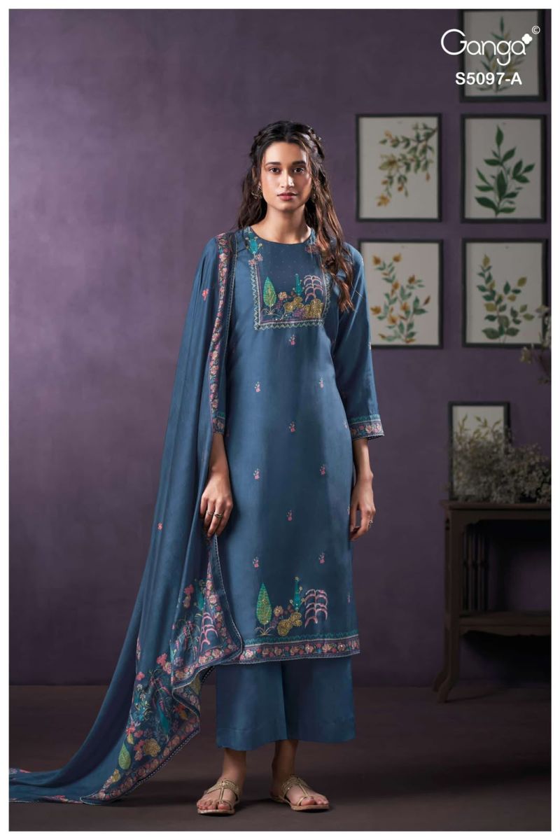 Ganga Aanchal 5097 Bemberg Silk Print Hand Embroidered Salwar Kameez — Wholesale Dress Material, Ganga wholesale from Surat — Photo 3