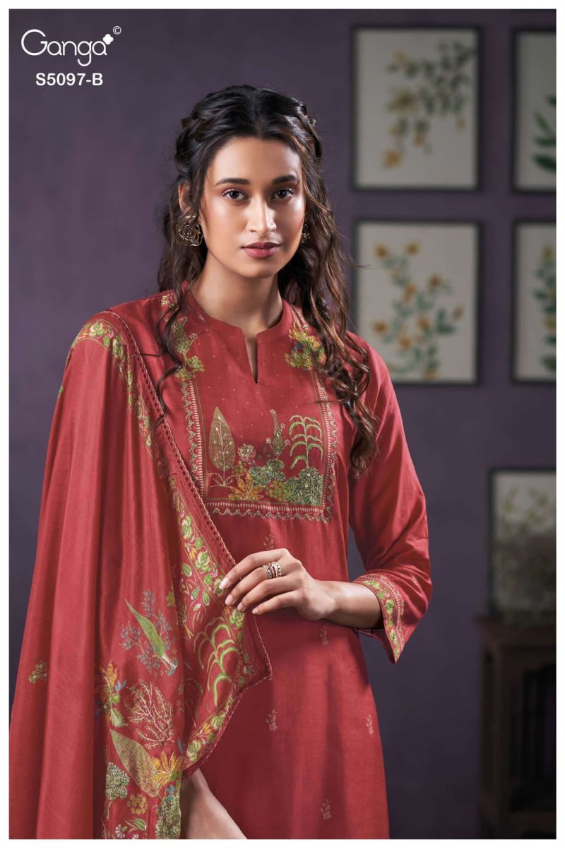 Ganga Aanchal 5097 Bemberg Silk Print Hand Embroidered Salwar Kameez — Wholesale Dress Material, Ganga wholesale from Surat — Photo 4