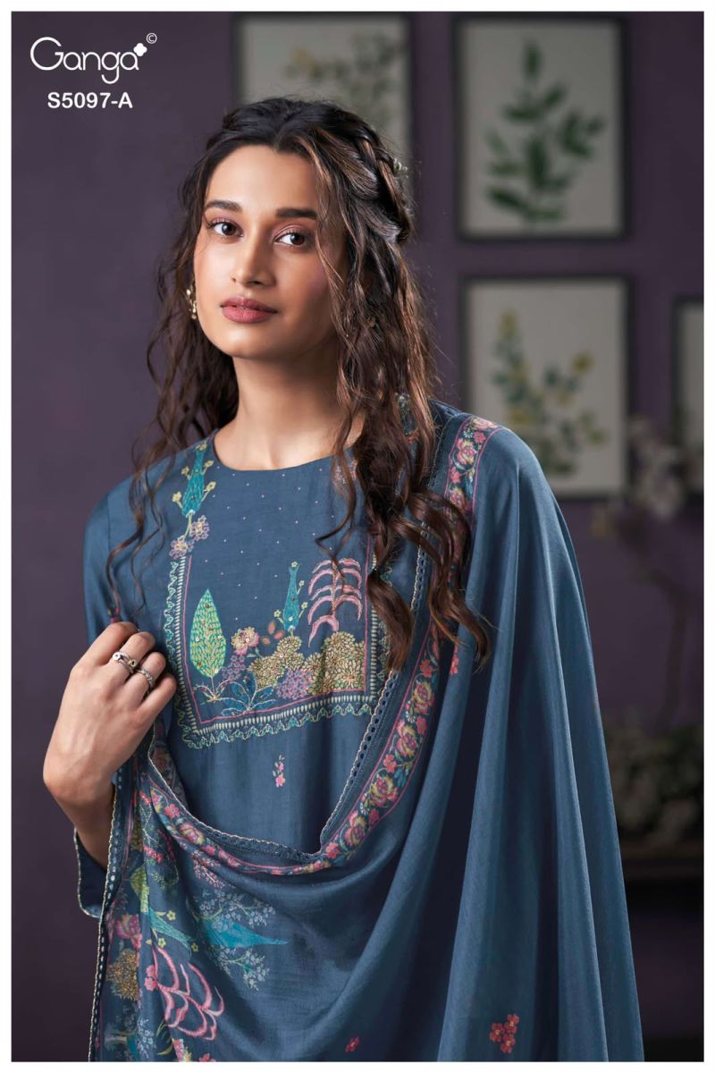 Ganga Aanchal 5097 Bemberg Silk Print Hand Embroidered Salwar Kameez