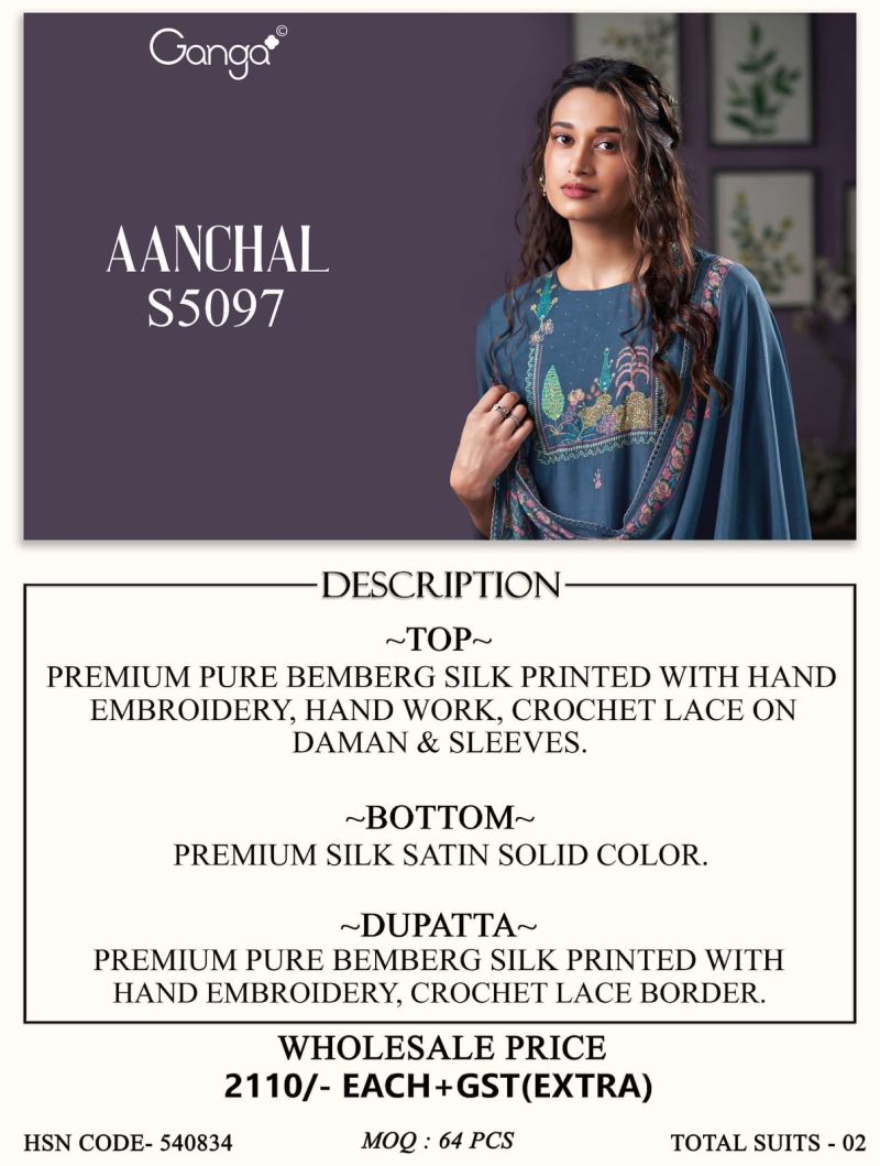 Ganga Aanchal 5097 Bemberg Silk Print Hand Embroidered Salwar Kameez — Wholesale Dress Material, Ganga wholesale from Surat — Photo 5