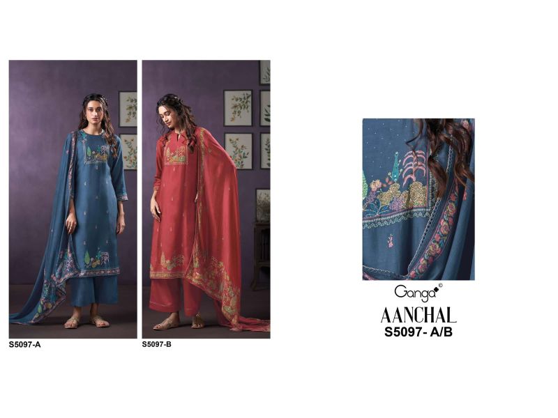 Ganga Aanchal 5097 Bemberg Silk Print Hand Embroidered Salwar Kameez — Wholesale Dress Material, Ganga wholesale from Surat — Photo 6
