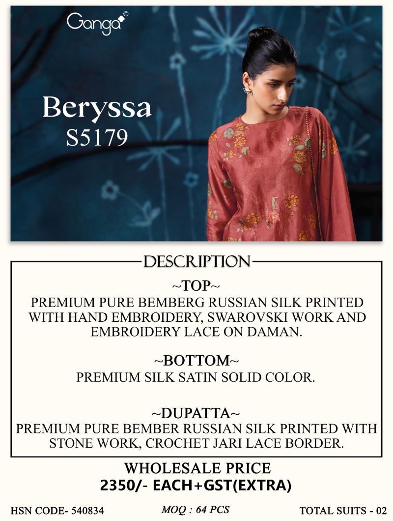 Ganga Beryssa 5179 Bemberg Silk Print Hand Embroidered Salwar Kameez — Wholesale Dress Material, Ganga wholesale from Surat — Photo 5